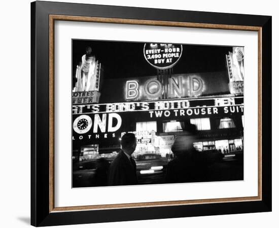 Bright Neon Lights of Bond's Clothing Store-Lisa Larsen-Framed Photographic Print