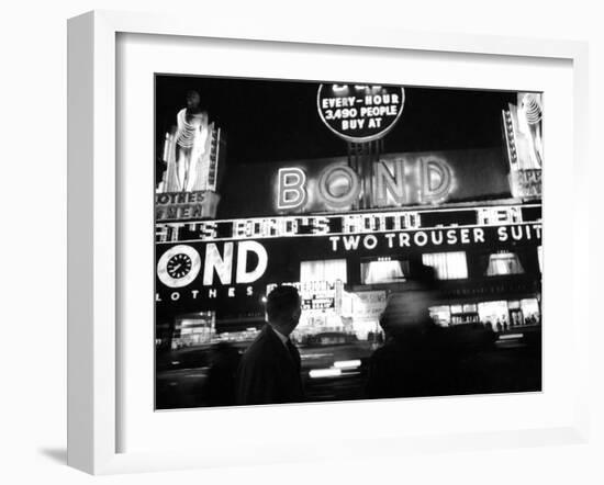 Bright Neon Lights of Bond's Clothing Store-Lisa Larsen-Framed Photographic Print