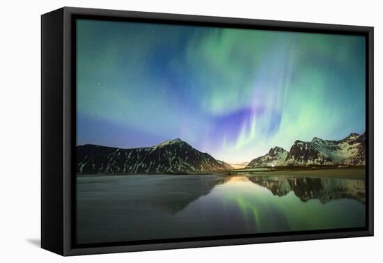 Bright night sky with Aurora Borealis (Northern Lights) over mountains and Skagsanden beach-Roberto Moiola-Framed Premier Image Canvas