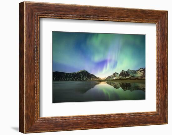 Bright night sky with Aurora Borealis (Northern Lights) over mountains and Skagsanden beach-Roberto Moiola-Framed Photographic Print