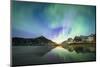 Bright night sky with Aurora Borealis (Northern Lights) over mountains and Skagsanden beach-Roberto Moiola-Mounted Photographic Print