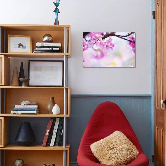 Bright Pink Cherry Blossoms In Soft Pastel Pink Blue And Yellow