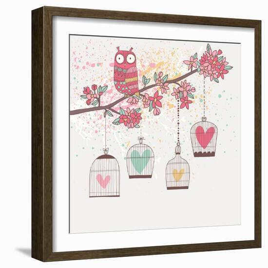 Bright Summer Illustration with Owl, Branch and Cages in Vector. Romantic Cartoon Background in Pas-smilewithjul-Framed Art Print