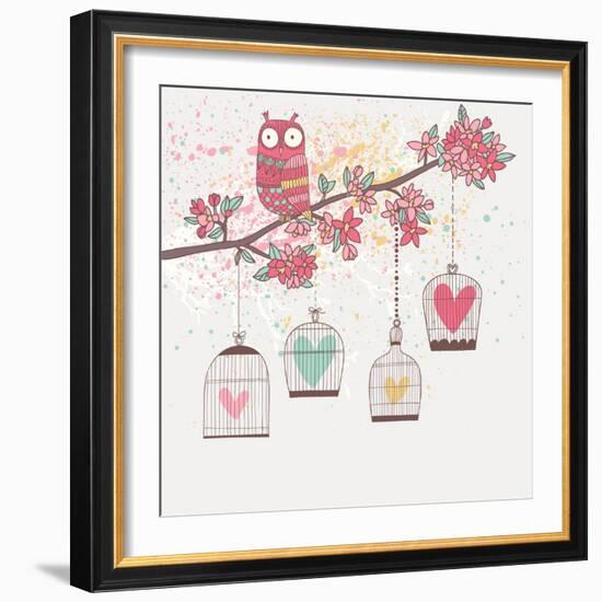 Bright Summer Illustration with Owl, Branch and Cages in Vector. Romantic Cartoon Background in Pas-smilewithjul-Framed Art Print