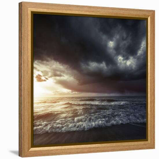 Bright Sunset Against a Wavy Sea with Stormy Clouds, Hersonissos, Crete-null-Framed Premier Image Canvas