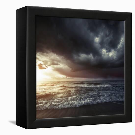 Bright Sunset Against a Wavy Sea with Stormy Clouds, Hersonissos, Crete-null-Framed Premier Image Canvas