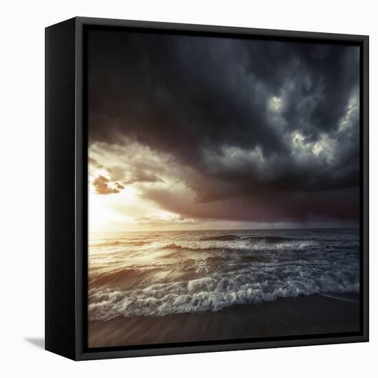 Bright Sunset Against a Wavy Sea with Stormy Clouds, Hersonissos, Crete-null-Framed Premier Image Canvas