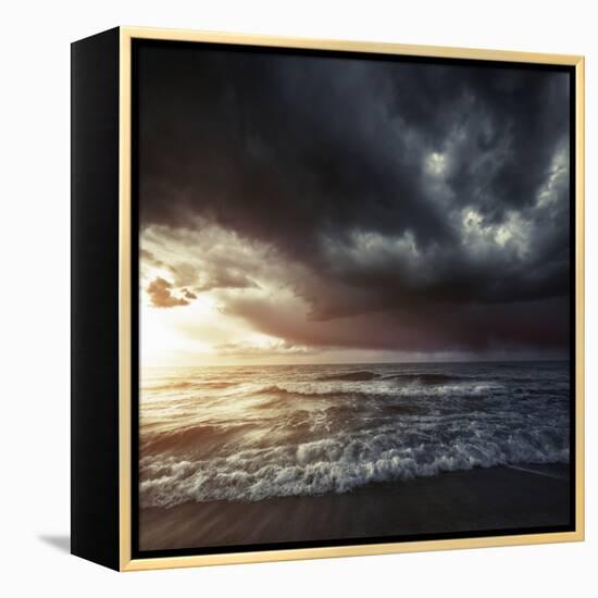 Bright Sunset Against a Wavy Sea with Stormy Clouds, Hersonissos, Crete-null-Framed Premier Image Canvas