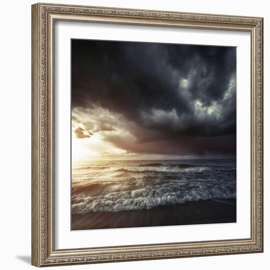 Bright Sunset Against a Wavy Sea with Stormy Clouds, Hersonissos, Crete-null-Framed Photographic Print