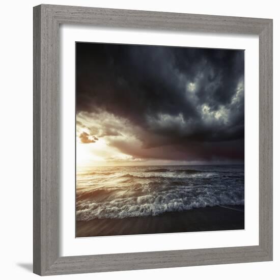 Bright Sunset Against a Wavy Sea with Stormy Clouds, Hersonissos, Crete-null-Framed Photographic Print