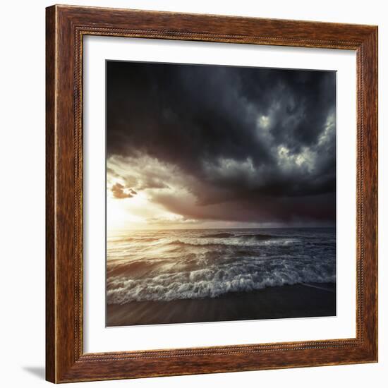 Bright Sunset Against a Wavy Sea with Stormy Clouds, Hersonissos, Crete-null-Framed Photographic Print