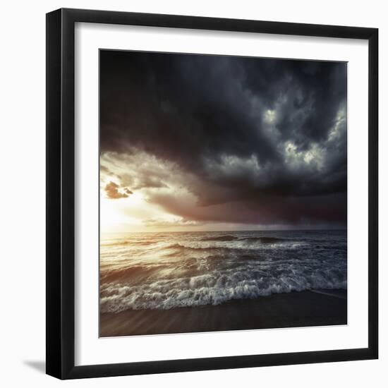 Bright Sunset Against a Wavy Sea with Stormy Clouds, Hersonissos, Crete-null-Framed Photographic Print