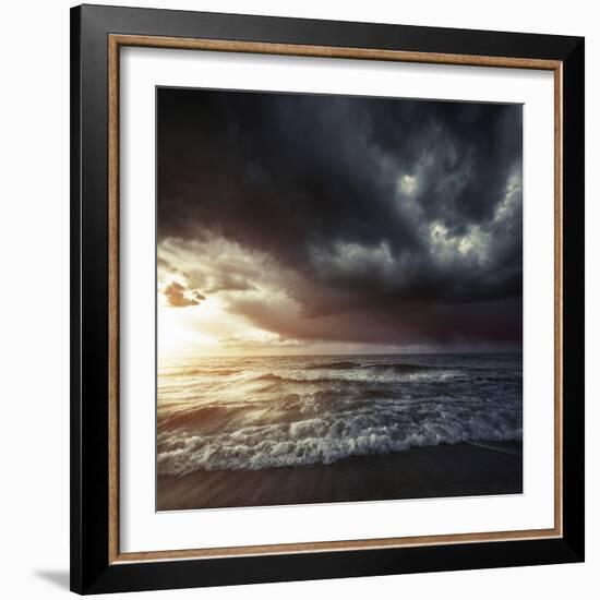 Bright Sunset Against a Wavy Sea with Stormy Clouds, Hersonissos, Crete-null-Framed Photographic Print