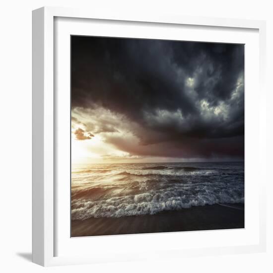 Bright Sunset Against a Wavy Sea with Stormy Clouds, Hersonissos, Crete-null-Framed Photographic Print