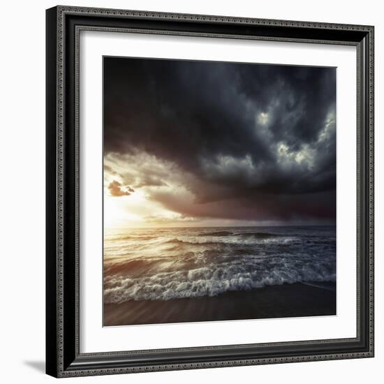 Bright Sunset Against a Wavy Sea with Stormy Clouds, Hersonissos, Crete-null-Framed Photographic Print