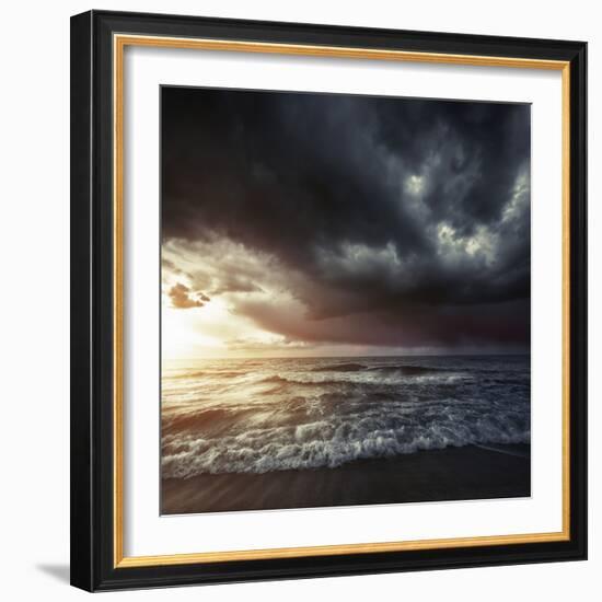 Bright Sunset Against a Wavy Sea with Stormy Clouds, Hersonissos, Crete-null-Framed Photographic Print