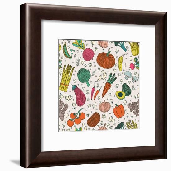 Bright Tasty Seamless Pattern with Green Peas, Eggplant, Potato, Carrot, Pumpkin, Avocado, Leek, Ra-smilewithjul-Framed Art Print