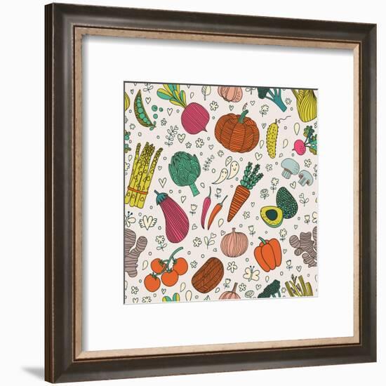 Bright Tasty Seamless Pattern with Green Peas, Eggplant, Potato, Carrot, Pumpkin, Avocado, Leek, Ra-smilewithjul-Framed Art Print