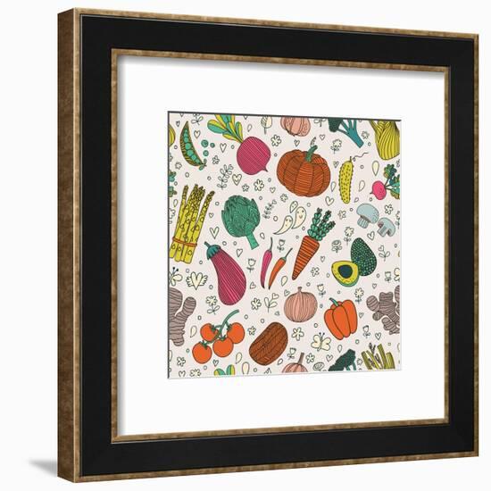 Bright Tasty Seamless Pattern with Green Peas, Eggplant, Potato, Carrot, Pumpkin, Avocado, Leek, Ra-smilewithjul-Framed Art Print