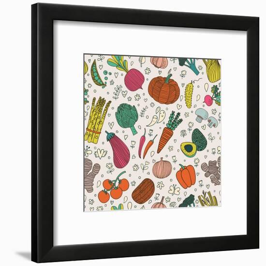 Bright Tasty Seamless Pattern with Green Peas, Eggplant, Potato, Carrot, Pumpkin, Avocado, Leek, Ra-smilewithjul-Framed Art Print