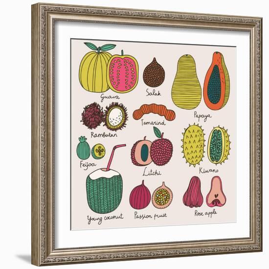 Bright Tropical Fruit Set in Vector. Guava, Salak, Papaya, Rambutan, Tamarind, Feijoa, Litchi, Kiwa-smilewithjul-Framed Art Print