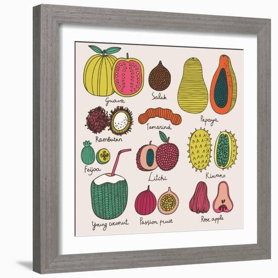 Bright Tropical Fruit Set in Vector. Guava, Salak, Papaya, Rambutan, Tamarind, Feijoa, Litchi, Kiwa-smilewithjul-Framed Art Print