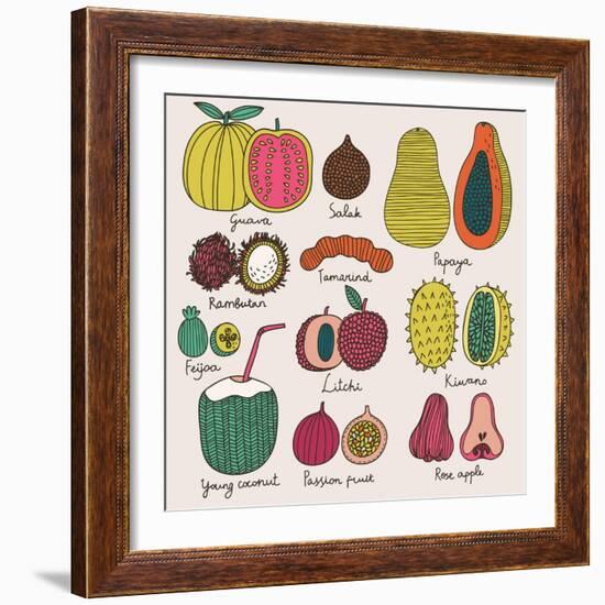 Bright Tropical Fruit Set in Vector. Guava, Salak, Papaya, Rambutan, Tamarind, Feijoa, Litchi, Kiwa-smilewithjul-Framed Art Print