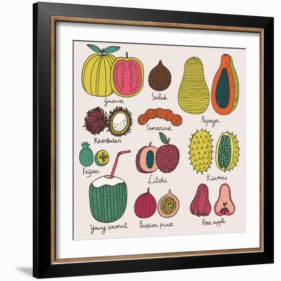 Bright Tropical Fruit Set in Vector. Guava, Salak, Papaya, Rambutan, Tamarind, Feijoa, Litchi, Kiwa-smilewithjul-Framed Art Print