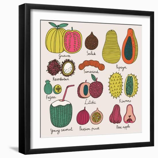 Bright Tropical Fruit Set in Vector. Guava, Salak, Papaya, Rambutan, Tamarind, Feijoa, Litchi, Kiwa-smilewithjul-Framed Art Print