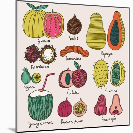 Bright Tropical Fruit Set in Vector. Guava, Salak, Papaya, Rambutan, Tamarind, Feijoa, Litchi, Kiwa-smilewithjul-Mounted Art Print