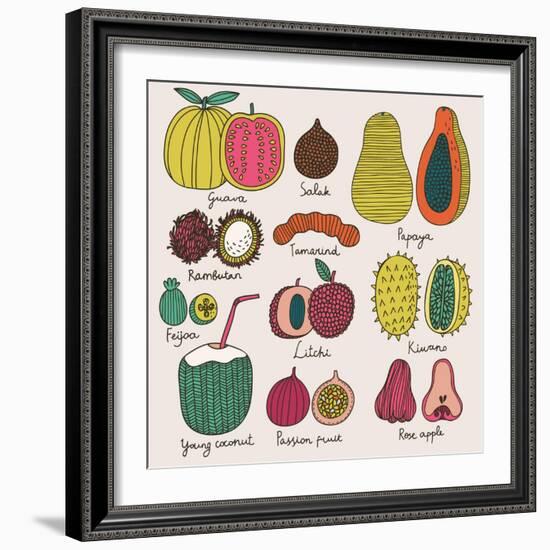 Bright Tropical Fruit Set in Vector. Guava, Salak, Papaya, Rambutan, Tamarind, Feijoa, Litchi, Kiwa-smilewithjul-Framed Art Print