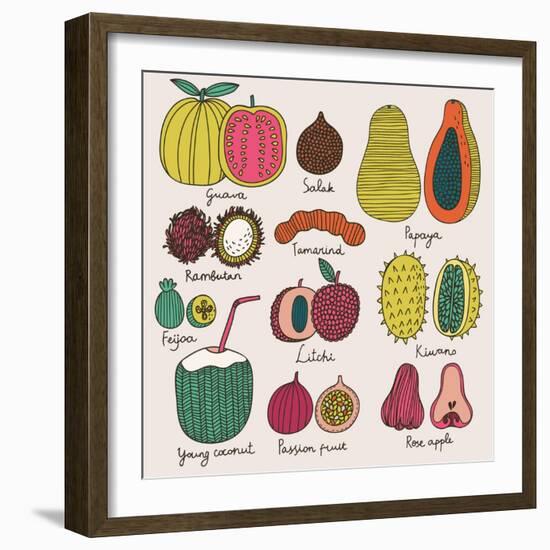 Bright Tropical Fruit Set in Vector. Guava, Salak, Papaya, Rambutan, Tamarind, Feijoa, Litchi, Kiwa-smilewithjul-Framed Premium Giclee Print