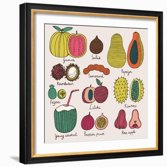 Bright Tropical Fruit Set in Vector. Guava, Salak, Papaya, Rambutan, Tamarind, Feijoa, Litchi, Kiwa-smilewithjul-Framed Premium Giclee Print