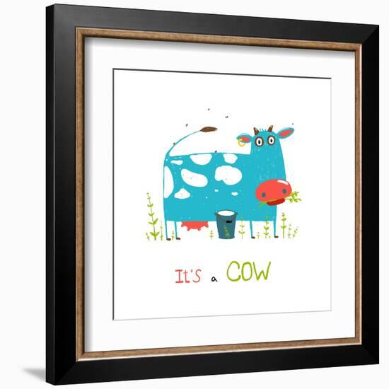 Brightly Colored Fun Cow and Milk for Kids. Blue and White Funny Cow near the Bucket of Milk. Vecto-Popmarleo-Framed Art Print