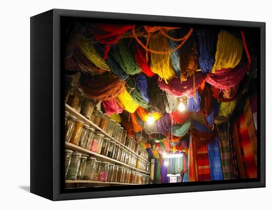 Brightly Dyed Wool Hanging from Roof of a Shop, Marrakech, Morrocco, North Africa, Africa-John Miller-Framed Premier Image Canvas