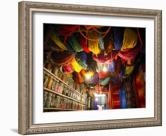 Brightly Dyed Wool Hanging from Roof of a Shop, Marrakech, Morrocco, North Africa, Africa-John Miller-Framed Photographic Print