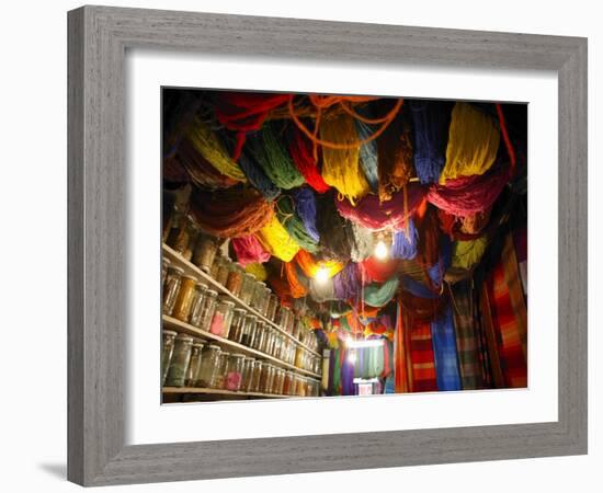 Brightly Dyed Wool Hanging from Roof of a Shop, Marrakech, Morrocco, North Africa, Africa-John Miller-Framed Photographic Print