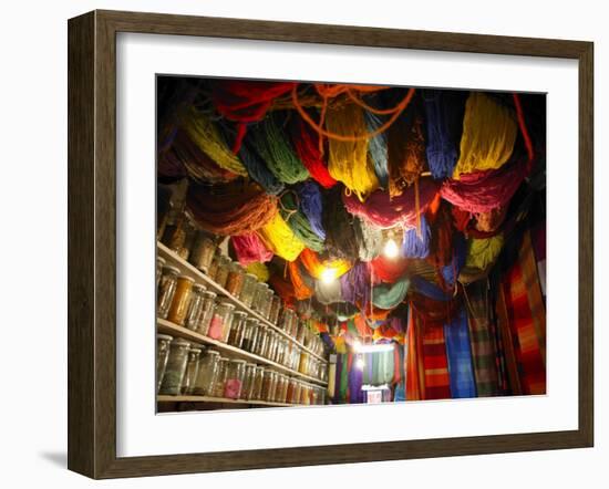 Brightly Dyed Wool Hanging from Roof of a Shop, Marrakech, Morrocco, North Africa, Africa-John Miller-Framed Photographic Print