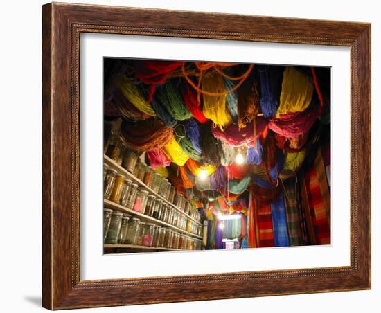 Brightly Dyed Wool Hanging from Roof of a Shop, Marrakech, Morrocco, North Africa, Africa-John Miller-Framed Photographic Print