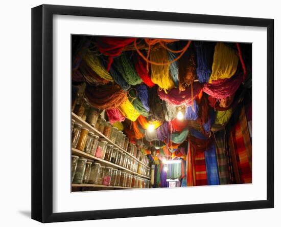 Brightly Dyed Wool Hanging from Roof of a Shop, Marrakech, Morrocco, North Africa, Africa-John Miller-Framed Photographic Print