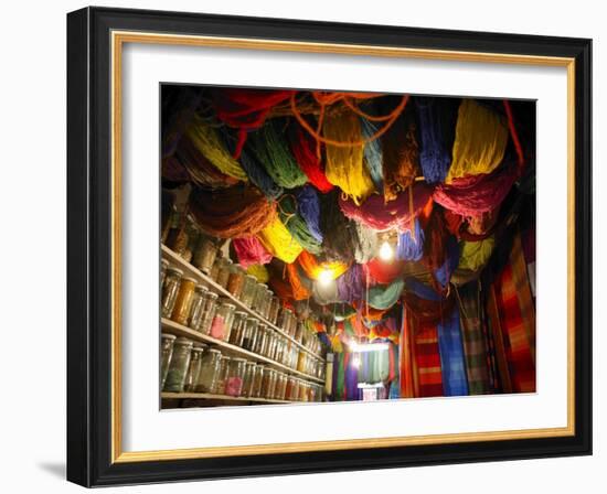 Brightly Dyed Wool Hanging from Roof of a Shop, Marrakech, Morrocco, North Africa, Africa-John Miller-Framed Photographic Print