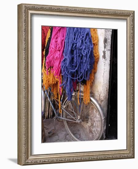 Brightly Dyed Wool Hanging Over Bicycle, Marrakech, Morrocco, North Africa, Africa-John Miller-Framed Photographic Print