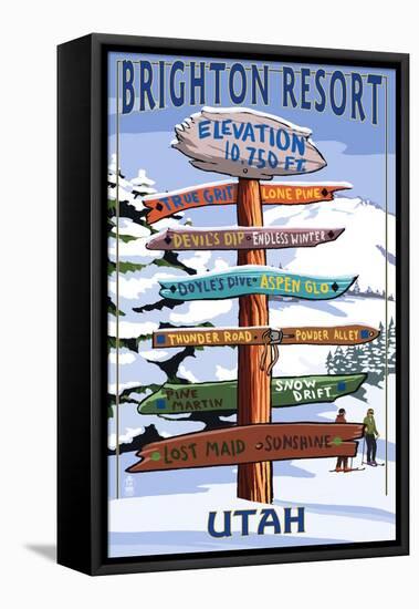 Brighton Resort, Utah - Ski Signpost-Lantern Press-Framed Stretched Canvas