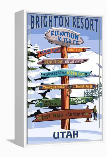 Brighton Resort, Utah - Ski Signpost-Lantern Press-Framed Stretched Canvas