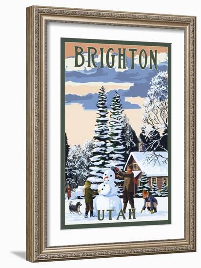 Brighton Resort, Utah - Snowman Scene-Lantern Press-Framed Art Print