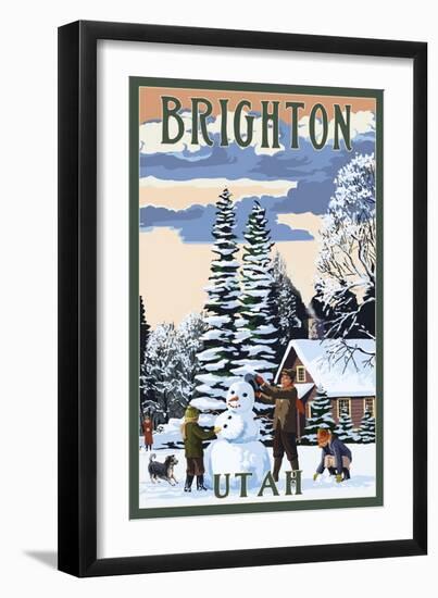 Brighton Resort, Utah - Snowman Scene-Lantern Press-Framed Art Print