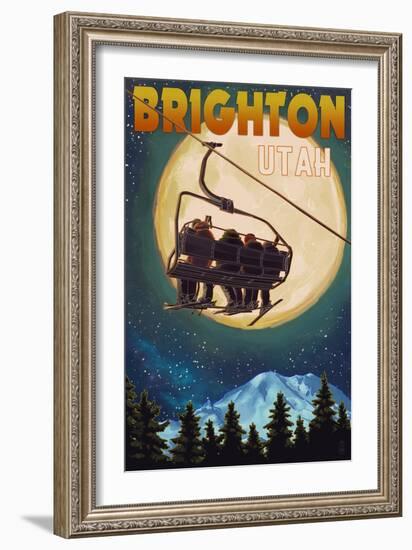 Brighton, Utah - Ski Lift and Full Moon-Lantern Press-Framed Art Print