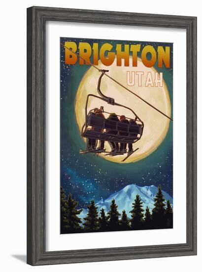 Brighton, Utah - Ski Lift and Full Moon-Lantern Press-Framed Art Print