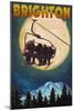 Brighton, Utah - Ski Lift and Full Moon-Lantern Press-Mounted Art Print