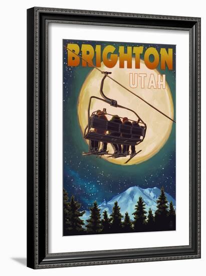 Brighton, Utah - Ski Lift and Full Moon-Lantern Press-Framed Art Print